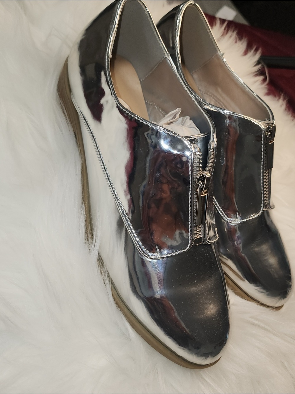 Shoe Dazzle Silver Metallic Zip-Front Loafers